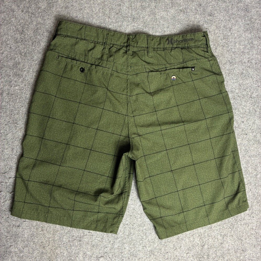 Hurley Mens Size 32x9 Hybrid Walk Shorts Olive Green Windowpane Grid Beach Skate - Picture 2 of 8